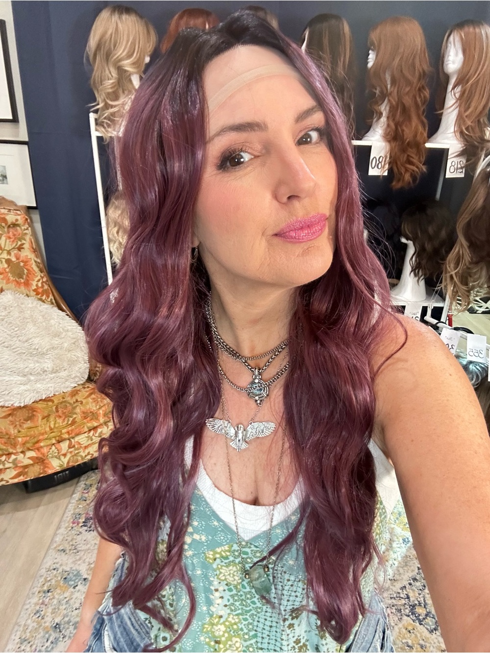 380 “the Rose” Dk Plum Black rooted 26-28” Long Wavy Lace Front Wig - Mauve Rose